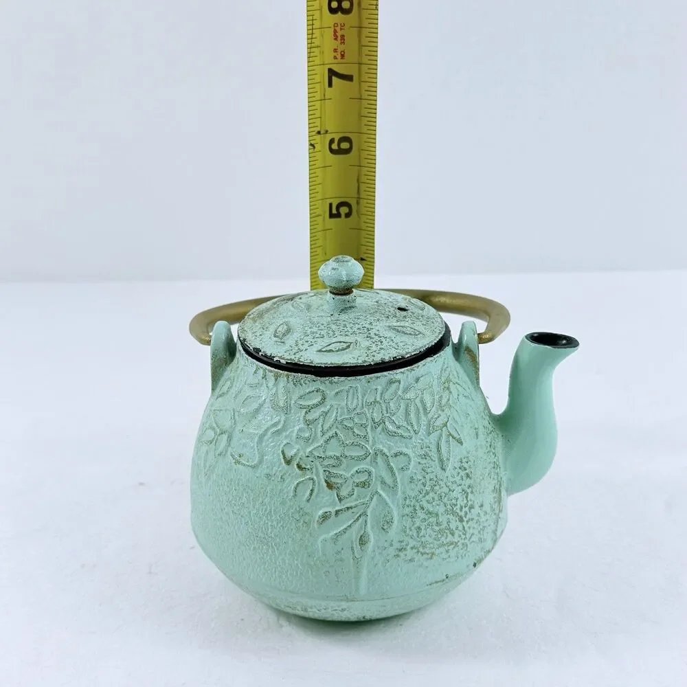 Vintage Japanese Cast Iron Teapot Green Embossed Leaf Design W/ Lid & Handle